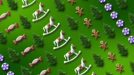 A repeating holiday pattern on a green background. Features diagonal rows of rocking horses,...