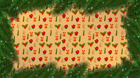 Green fir branches create a border on a holiday pattern. The backdrop includes small stockings, bells, and mittens.の写真素材