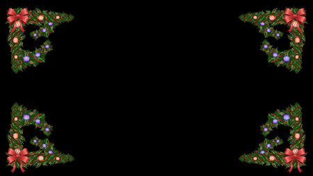 Four festive corner elements frame a black background with greenery. Red bows and ornaments add holiday cheer to the decorative edges.の写真素材