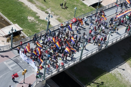 Several people participates in the demonstration in Malaga against Monarchy during the anniversary of the II Spanish Republicのeditorial素材
