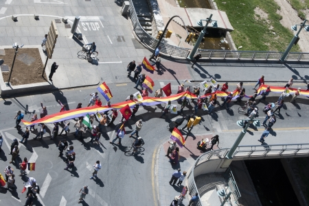 Several people participates in the demonstration in Malaga against Monarchy during the anniversary of the II Spanish Republicのeditorial素材