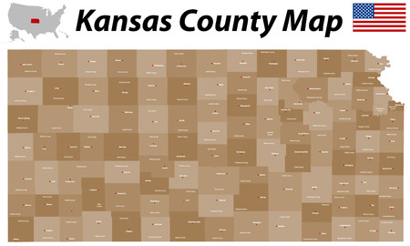 A large, detailed and colorful map of the State of Kansas with all counties and main cities のイラスト素材
