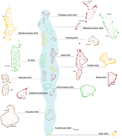 A large, detailed map of the Maldives with all atolls and islands のイラスト素材