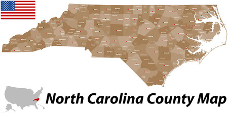 A large and detailed map of the State of North Carolina with all counties and main cities.のイラスト素材