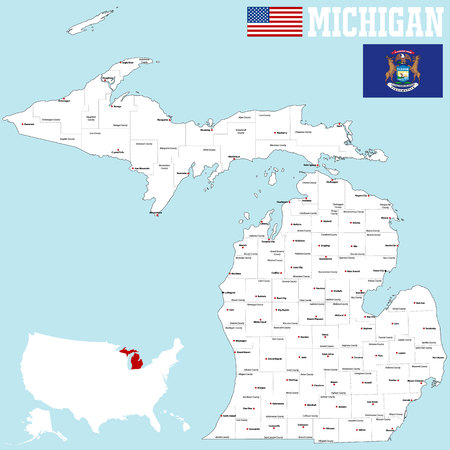 A large and detailed map of the State of Michigan.のイラスト素材