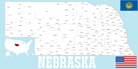 A large and detailed map of the State of Nebraska with all counties and main cities.のイラスト素材