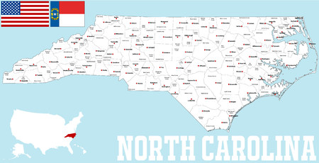 A large and detailed map of the State of North Carolina with all counties and main cities.のイラスト素材