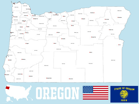 A large and detailed map of the State of Oregon with all counties and county seats.のイラスト素材