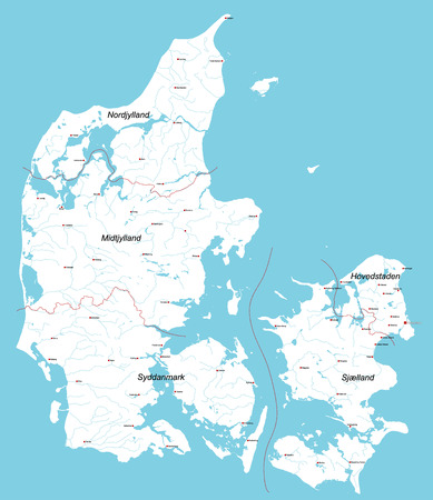Large and detailed map of Denmark with rivers, lakes, islands and cities.のイラスト素材