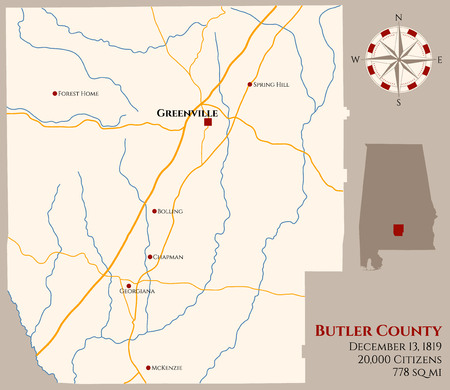 Large and detailed map of Butler County in Alabama, USAのイラスト素材