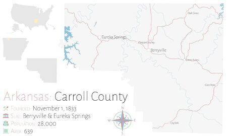 Large and detailed map of Carroll County in Arkansas, USAのイラスト素材
