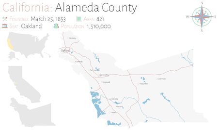 Large and detailed map of Alameda County in California, USAのイラスト素材