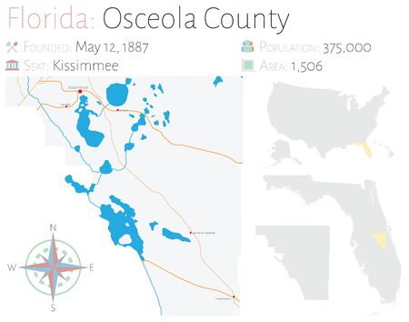 Large and detailed map of Osceola county in Florida, United States.のイラスト素材