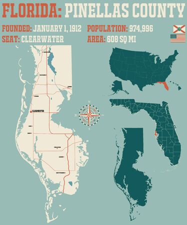 Large and detailed map of Pinellas county in Florida, United States.のイラスト素材
