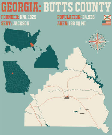 Large and detailed map of Butts county in Georgia, USA.のイラスト素材