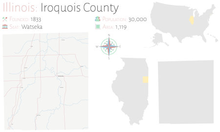 Large and detailed map of Iroquois county in Illinois, USA.のイラスト素材