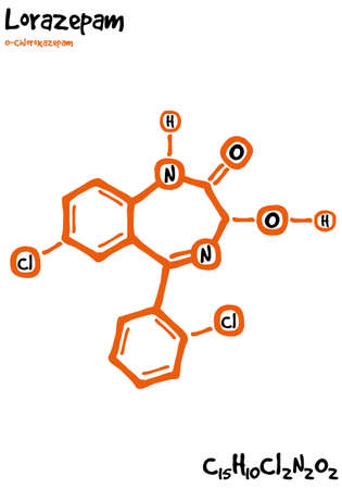 Large and detailed isolated drawn molecule and form of lorazepam.のイラスト素材