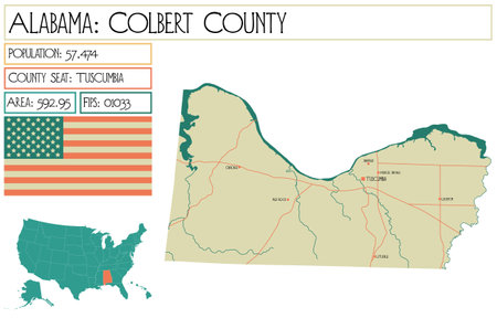 Large and detailed map of Colbert county in Alabama, USA.のイラスト素材