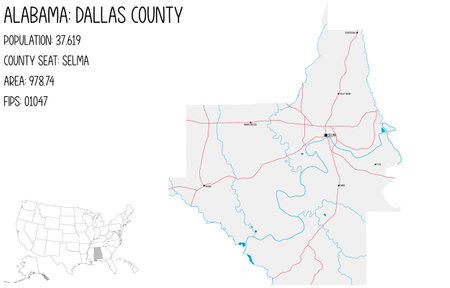 Large and detailed map of Dallas county in Alabama, United States.のイラスト素材