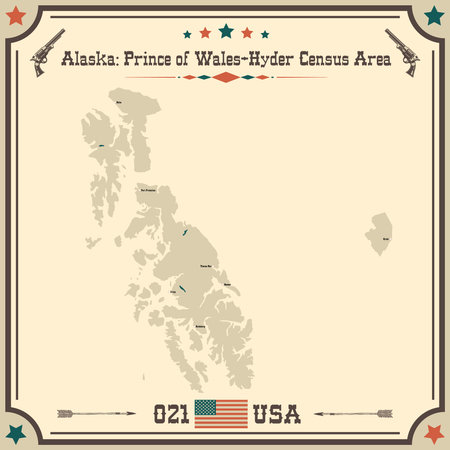Large and accurate map of Prince of Wales-Hyder Census Area, Alaska, USA with vintage colors.のイラスト素材