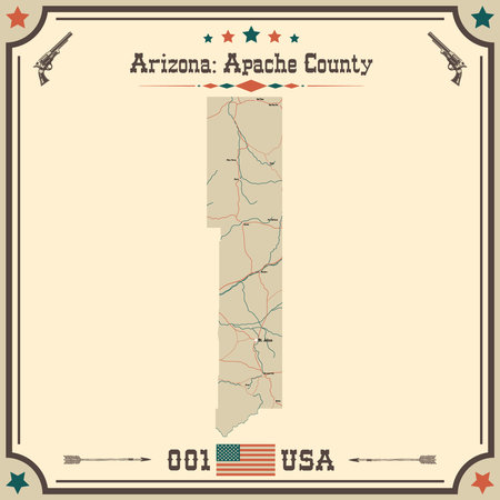 Large and accurate map of Apache County, Arizona, USA with vintage colors.のイラスト素材