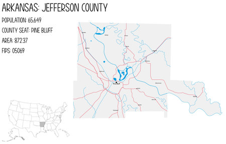 Large and detailed map of Jefferson County in Arkansas, United States.のイラスト素材