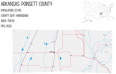 Large and detailed map of Poinsett County in Arkansas, United States.のイラスト素材