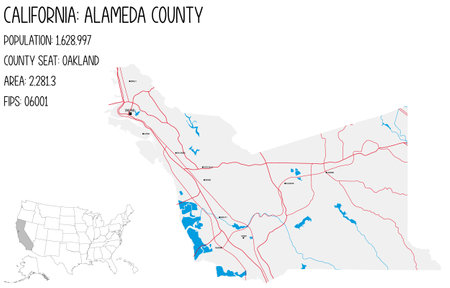 Large and detailed map of Alameda County in California, United States.のイラスト素材