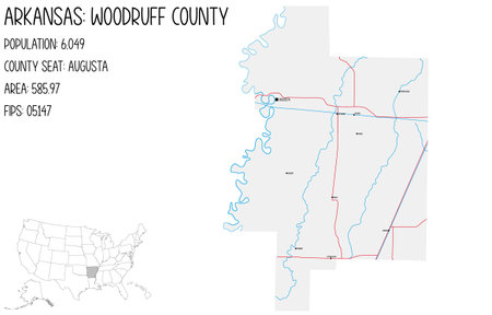 Large and detailed map of Woodruff County in Arkansas, United States.のイラスト素材