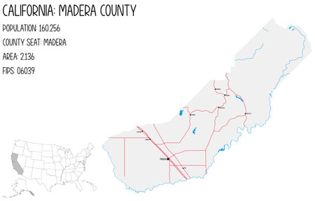 Large and detailed map of Madera County in California, United States.のイラスト素材