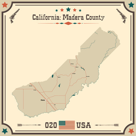 Large and accurate map of Madera County, California, USA with vintage colors.のイラスト素材
