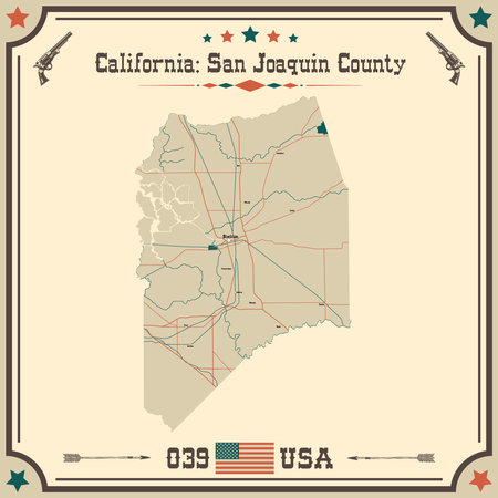 Large and accurate map of San Joaquin County, California, USA with vintage colors.のイラスト素材