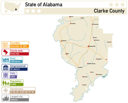 Detailed infographic and map of Clarke County in Alabama USA.のイラスト素材