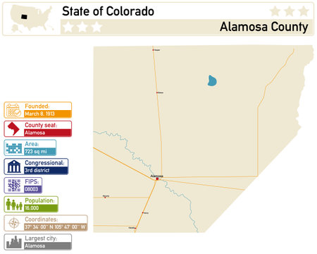 Detailed infographic and map of Alamosa County in Colorado USA.のイラスト素材