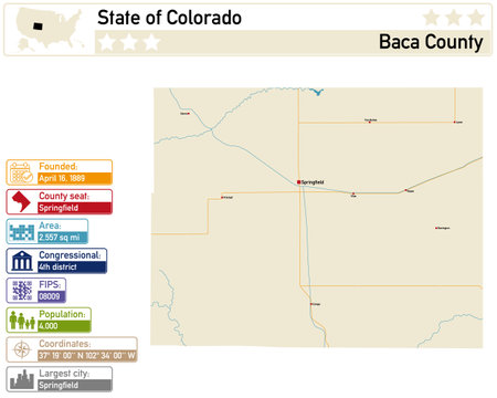 Detailed infographic and map of Baca County in Colorado USA.のイラスト素材