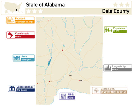 Detailed infographic and map of Dale County in Alabama USA.のイラスト素材