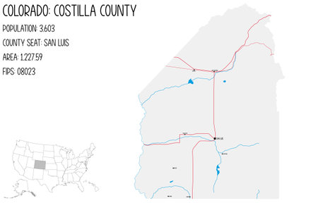 Large and detailed map of Costilla County in Colorado, USA.のイラスト素材