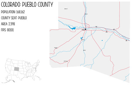 Large and detailed map of Pueblo County in Colorado, USA.のイラスト素材
