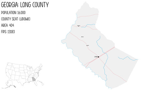 Large and detailed map of Long County in Georgia, USA.のイラスト素材