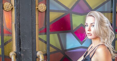 Blonde girl on a colored background. People.の写真素材