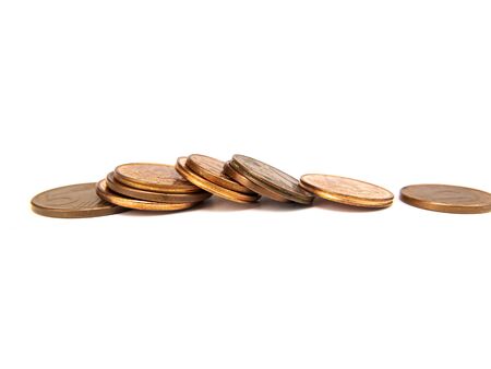 Money small coins on a white background with place for text. Euro. Cent. Business. Free place....
