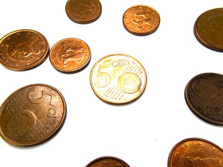 Money small coins on a white background with place for text. Euro. Cent. Business. Free place....