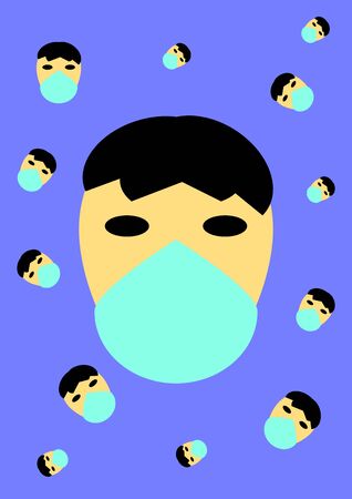 Man face in protective antiviral medical mask. Coronavirus. Pandemic. Epidemic. Place for text. Vector template. Booklet.のイラスト素材