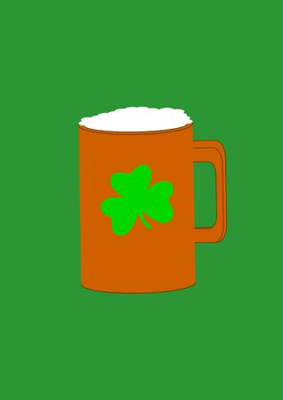 A mug of ale with a green leaf of fern on St. Patrick's Day. St.Patrick 's Day. Holiday. Template for text. Place for text. Background vector image. Poster. Advertising on the billboard.のイラスト素材