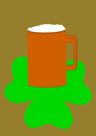 A mug of ale with a green leaf of fern on St. Patrick's Day. St.Patrick 's Day. Holiday. Template for text. Place for text. Background vector image. Poster. Advertising on the billboard.のイラスト素材