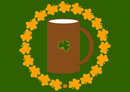 A mug of ale with a green leaf of fern on St. Patrick's Day. St.Patrick 's Day. Holiday. Template for text. Place for text. Background vector image. Poster. Advertising on the billboard.のイラスト素材
