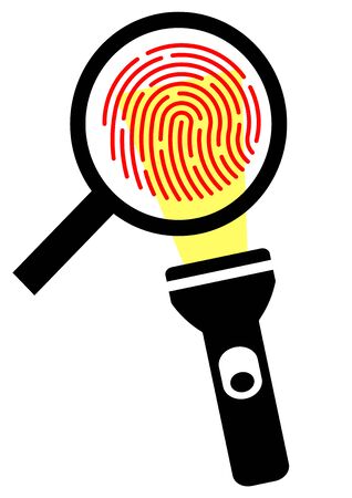 Biometric thumbprint magnified through a magnifying glass. Safety. Law and order. Template for text. Crime investigation. Criminal Examination. Poster. Police.のイラスト素材