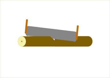 A saw cuts a tree trunk on a tree. Joiner's tool. Garden tools. Two-handed saw on wood. Vector image. Template for text. Poster. Background image.のイラスト素材