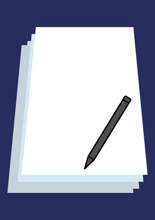 A stack of white sheets of paper and a writing pen. Template for text. Background vector image. Poster. Booklet. Place for text. Free space. Abstract image. Form. Desk.のイラスト素材