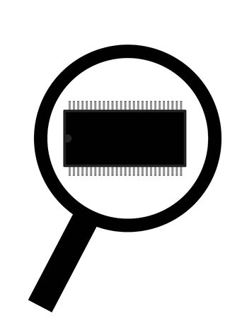 The electronic component of the chip is enlarged by a magnifying glass. Electronic technology. Electronics repair. Repair of household appliances. Place for text. Poster. Vector background image.のイラスト素材